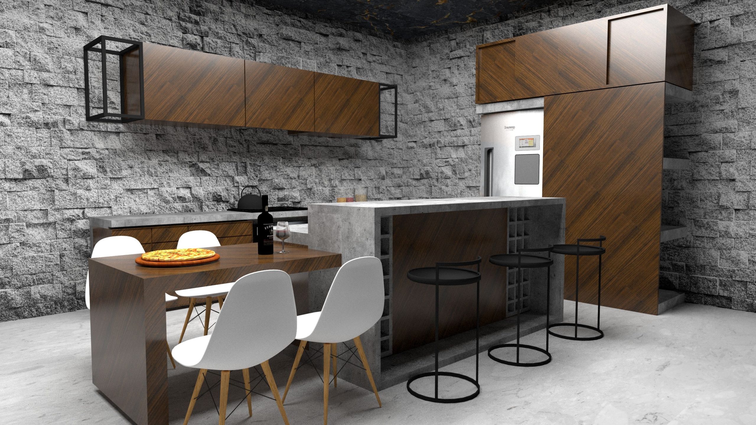 Cuisine moderne aux accents bois et murs en pierre
